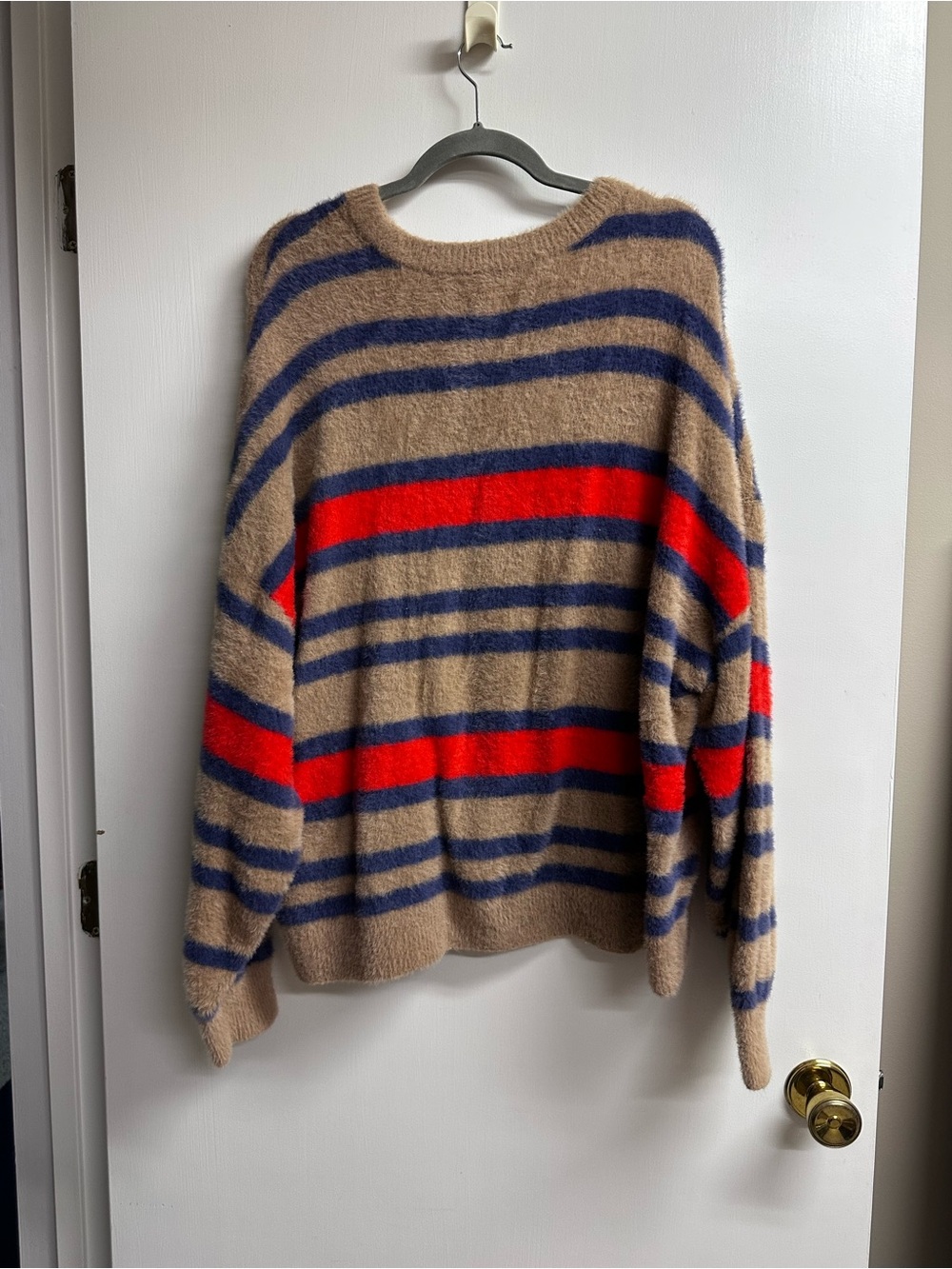 aerie Fuzzy Stripe Sweater in Camel & Navy - Picture 3 of 3